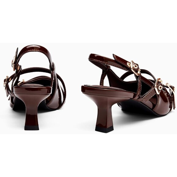 Women's Brown Slingback Kitten Heels Low Heel Closed Pointed Toe Pumps Buckle - Picture 4 of 4